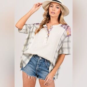 SAGE + FIG Plaid Half Button Gauze Top